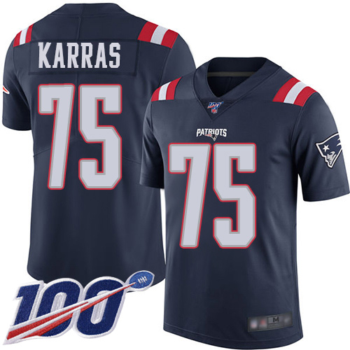 New England Patriots Football #75 100th Season Rush Vapor Limited Navy Blue Men Ted Karras NFL Jersey